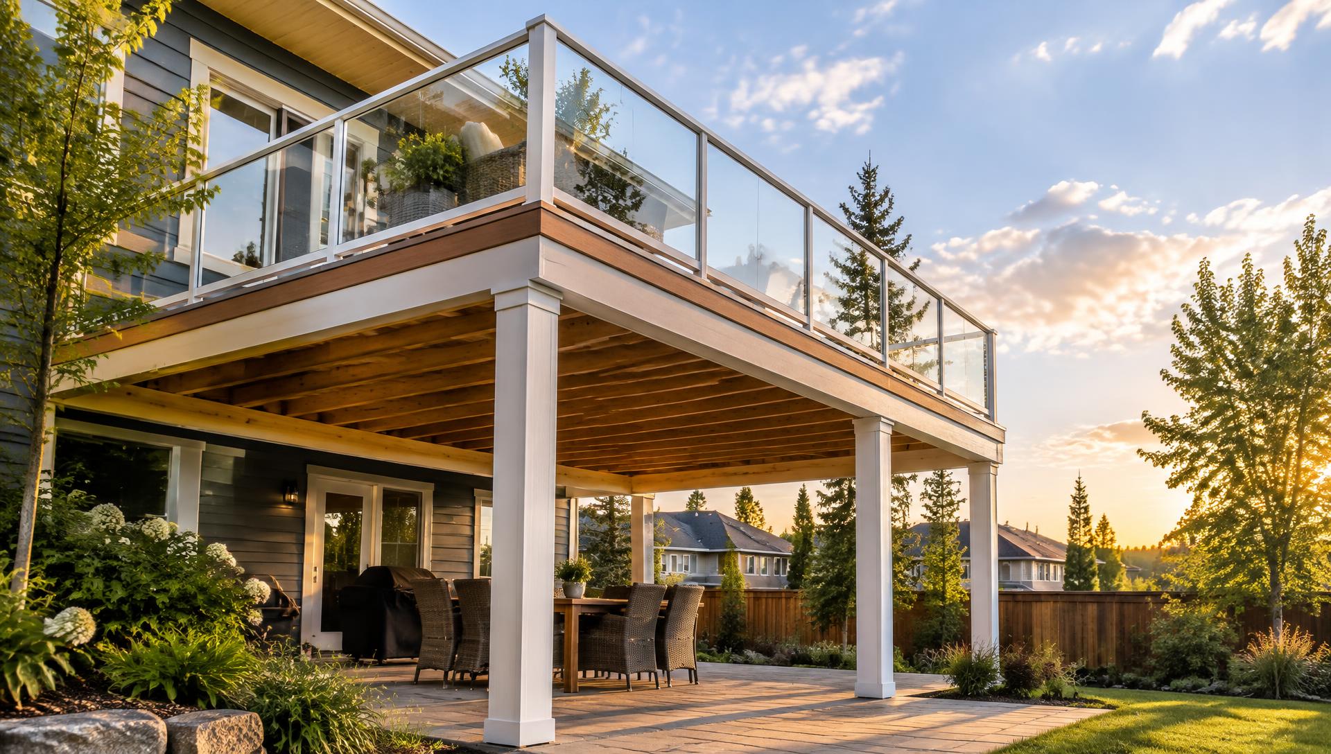 Elevated wood deck with glass railings and timber framing built by NuHammerConstruction in Calgary at golden hour